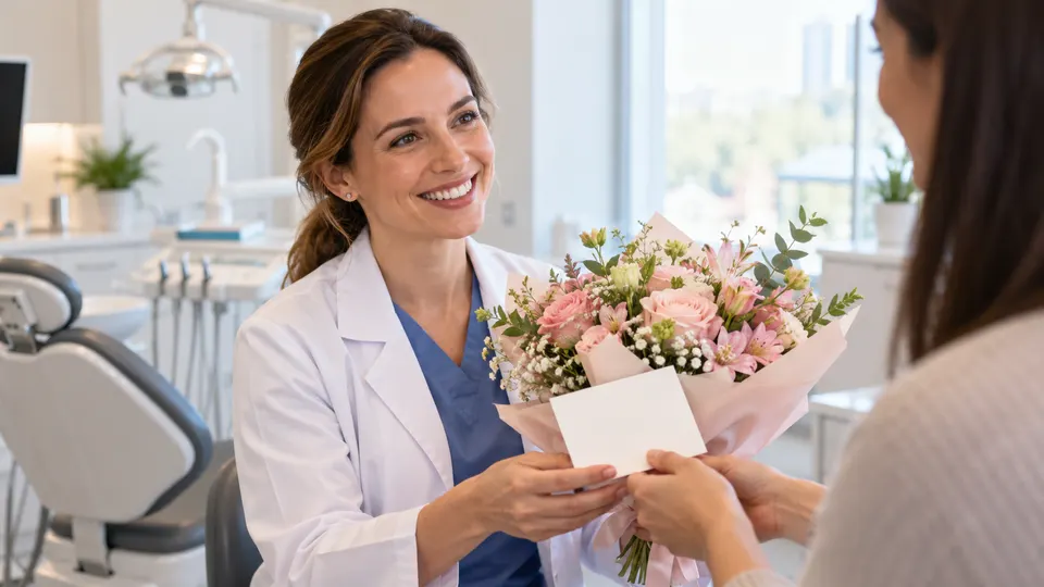 Dentista recebe flores e cartão de agradecimento no consultório.