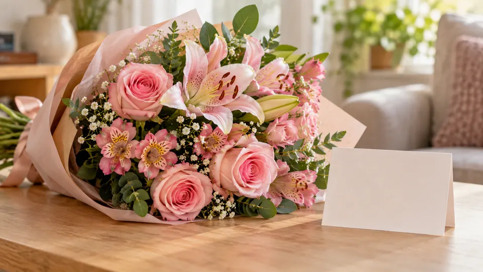 Buquê de flores cor-de-rosa com cartão de cuidado