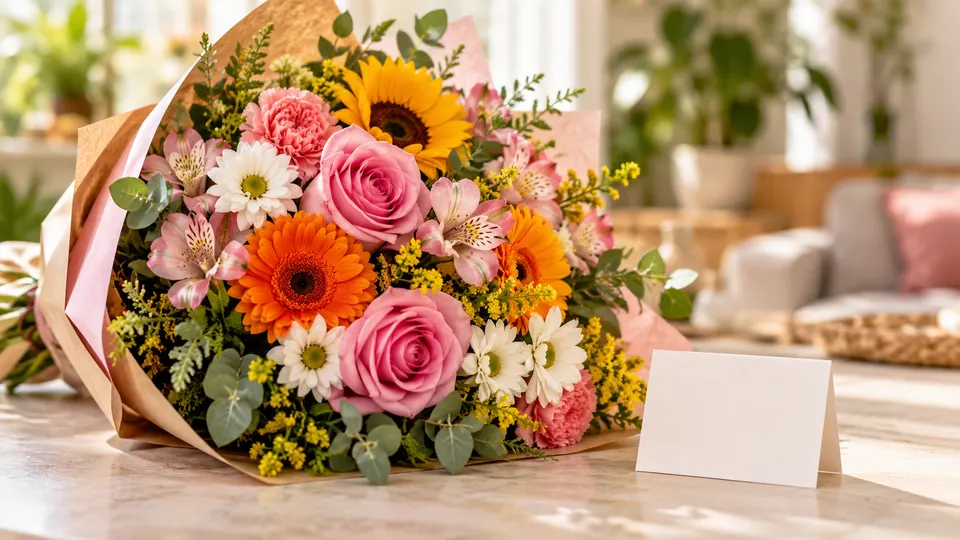Buquê de flores coloridas com cartão para o Dia das Flores