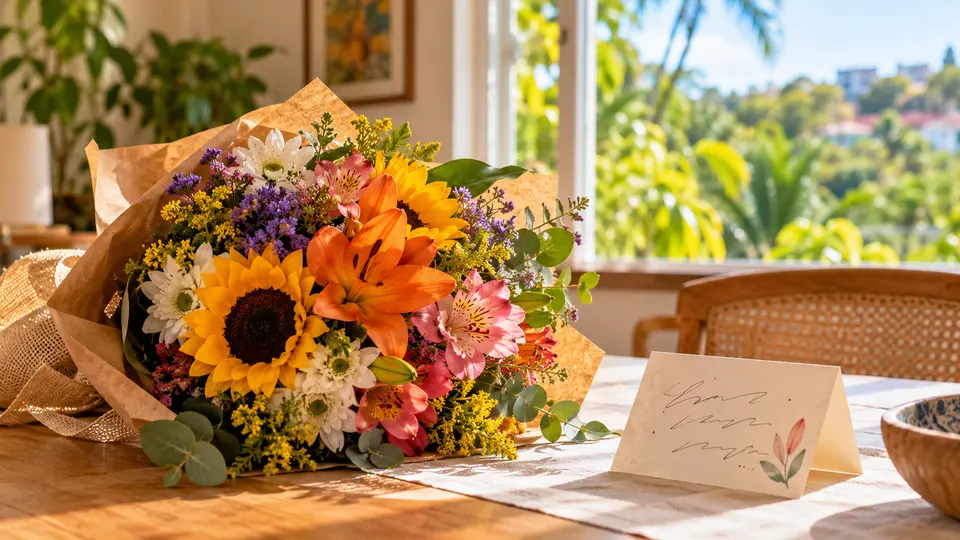 Flores de primavera com cartão em ambiente iluminado