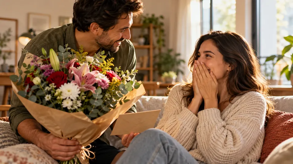 Pessoa recebendo flores e cartão em uma surpresa romântica