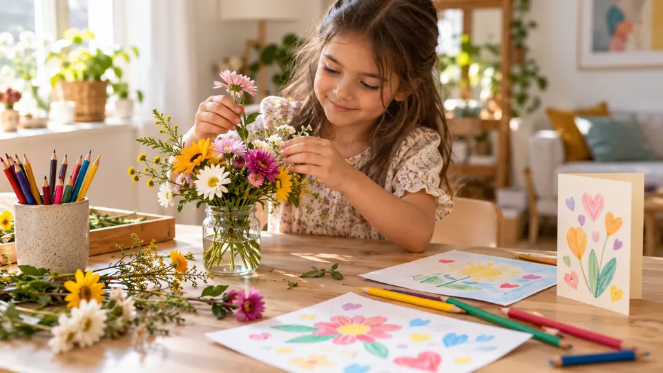 Criança criando presente com flores, desenhos e cartão artesanal.