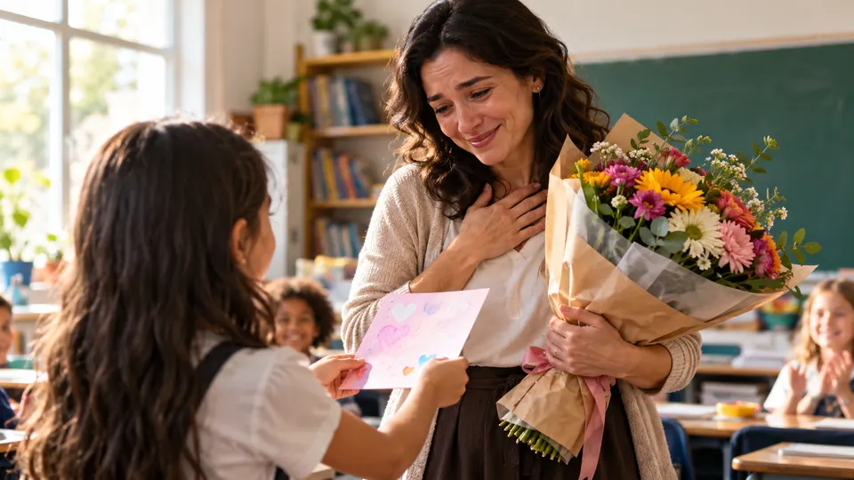 Professora recebendo flores e cartão em sala de aula