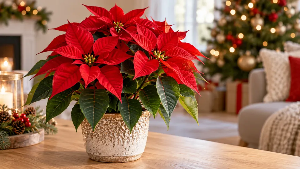 Poinsétia vermelha em ambiente com decoração de Natal