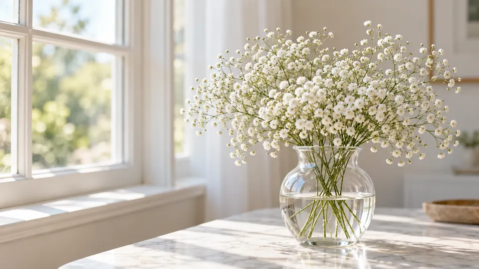 Buquê minimalista de gipsofilas brancas em vaso de vidro