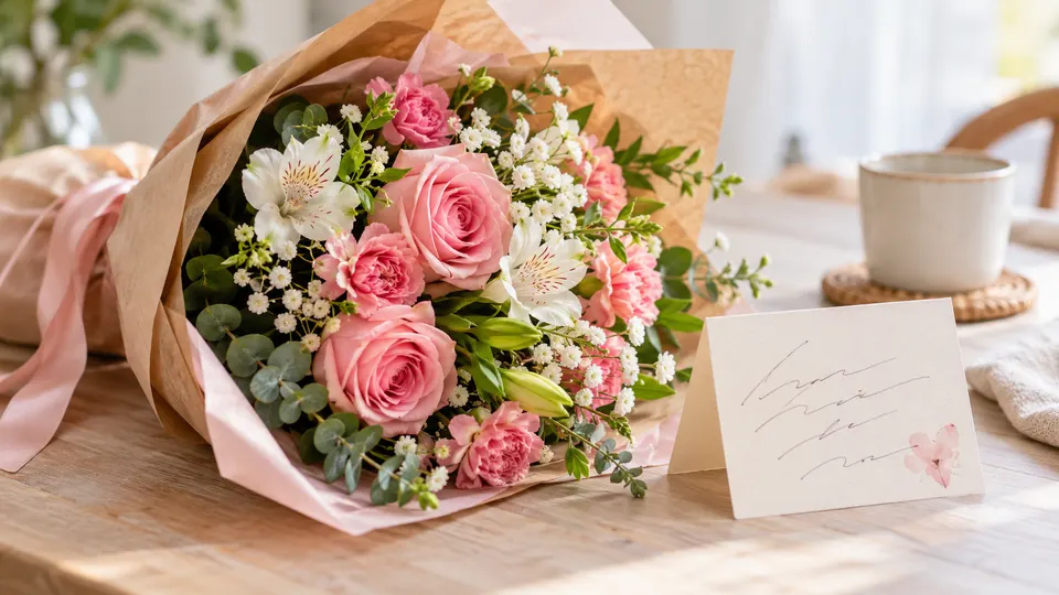 Buquê de flores com cartão escrito à mão