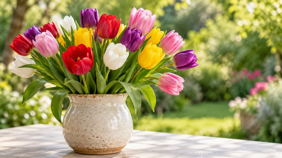 Tulipas coloridas em vaso sob luz natural