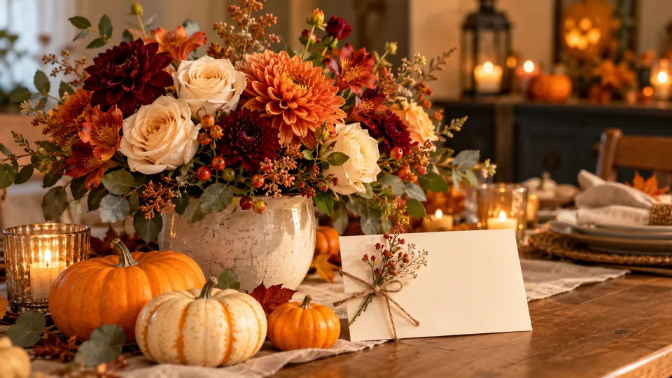 Flores com pequenas abóboras e cartão em decoração de Halloween.