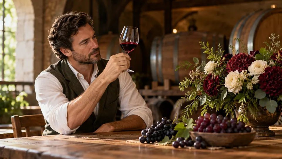 Enólogo ao lado de flores, vinho e uvas em uma adega.