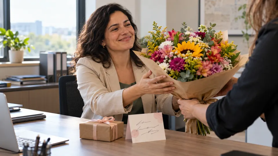 Servidora pública recebendo flores, presente e cartão no trabalho