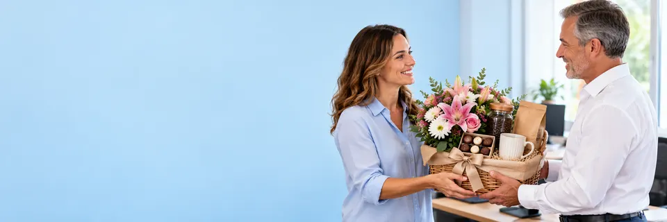 Servidora entrega cesta de café com flores a um colega sorridente