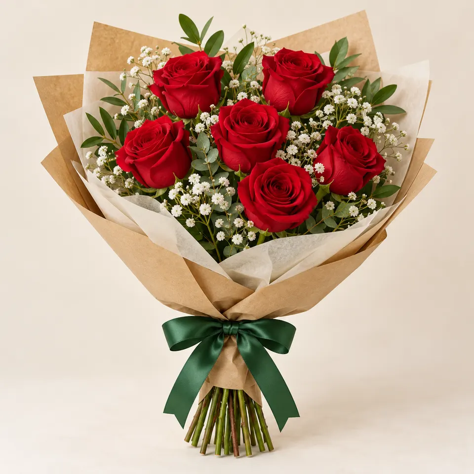 Buquê com 6 rosas vermelhas, folhagens, flores brancas e laço verde (imagem ilustrativa gerada por IA)