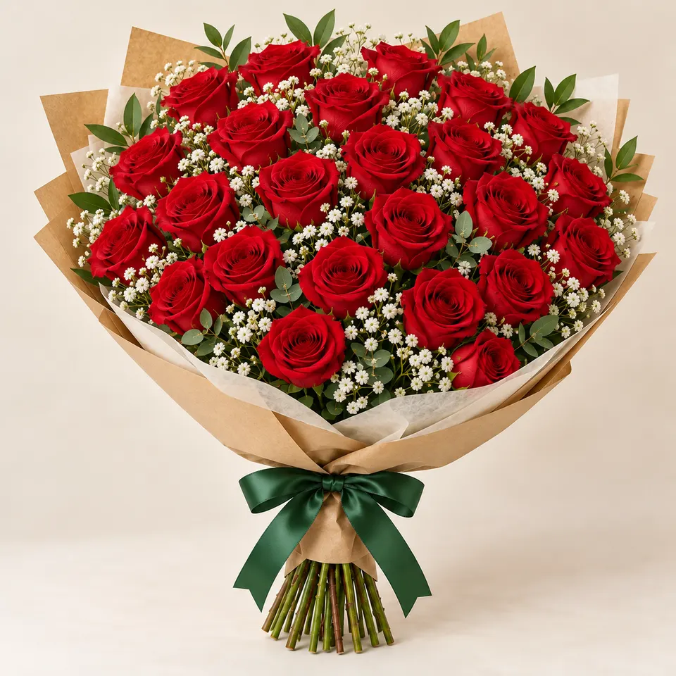 Buquê com 24 rosas vermelhas, gipsófilas, papel kraft e laço verde (imagem ilustrativa gerada por IA)