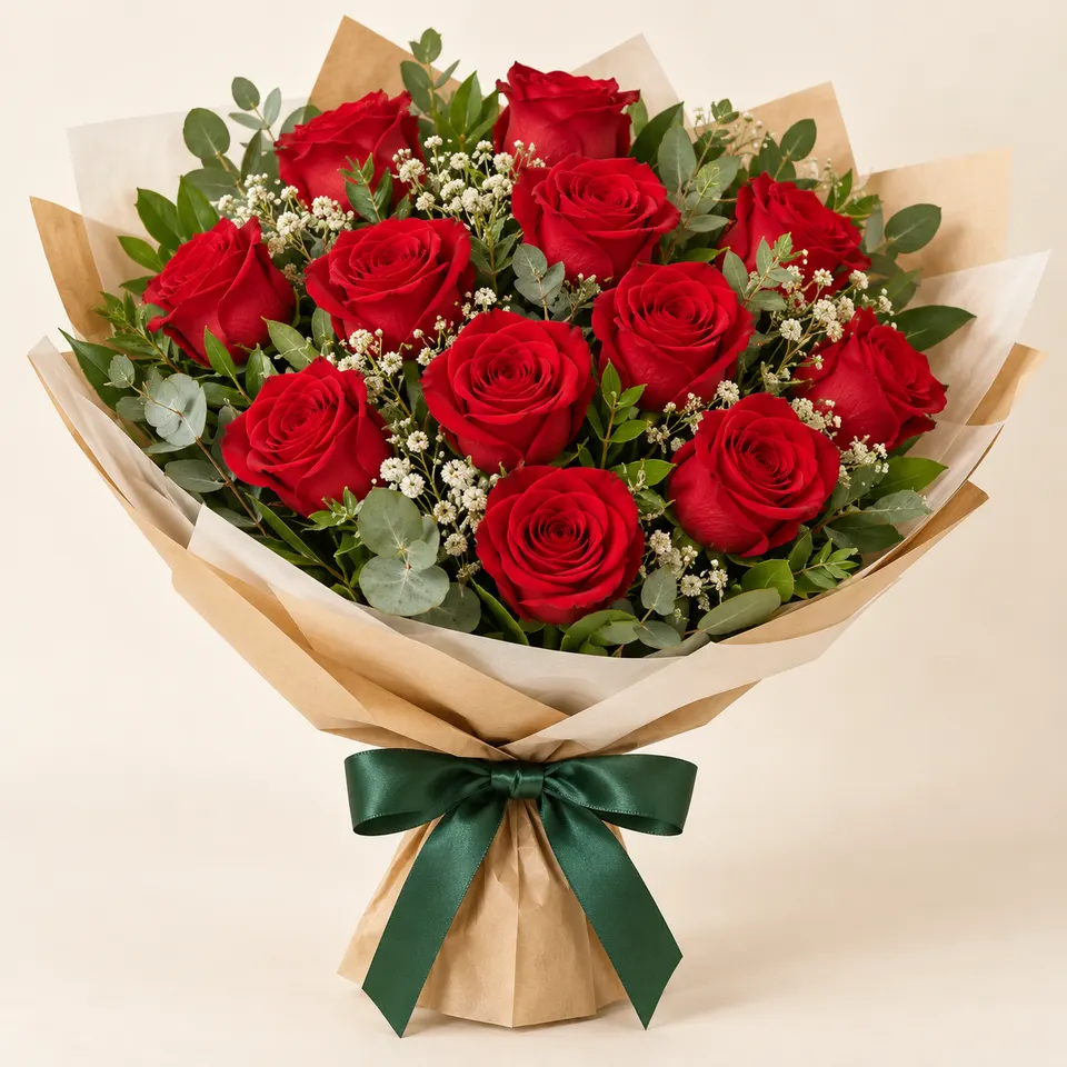 Buquê Tradicional com 12 Rosas Vermelhas