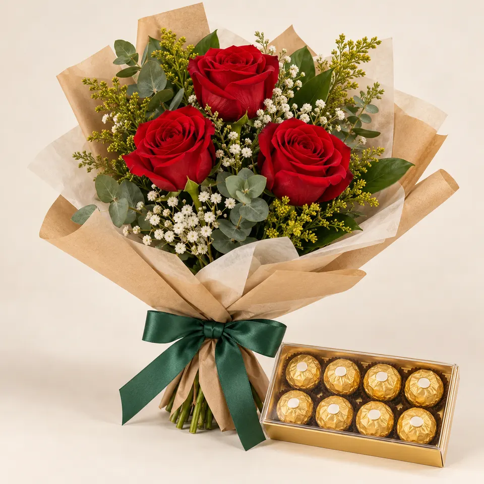 Trio de Rosas Vermelhas com Ferrero