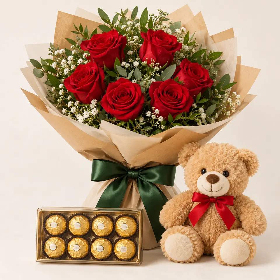 Buquê de Rosas Vermelhas com Urso de Pelúcia e Ferrero Rocher