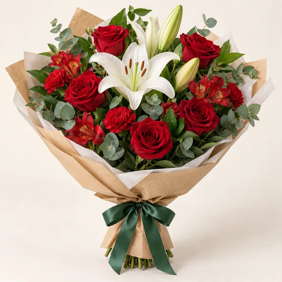 Buquê de Lírios com Rosas Vermelhas