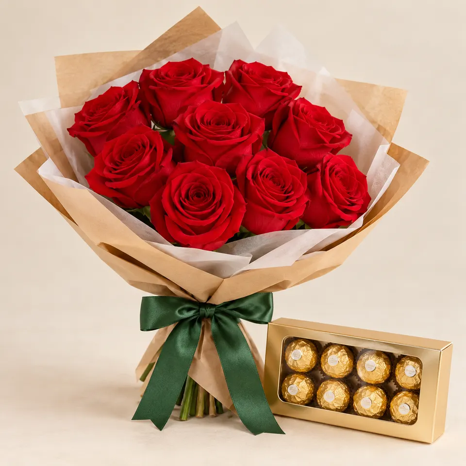 Buquê delicado com 10 rosas Vermelhas e Ferrero