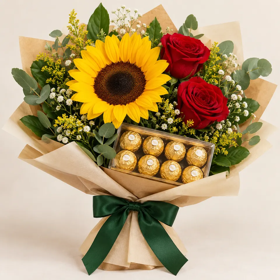 Arranjo de Girassol com 2 Rosas e Ferrero