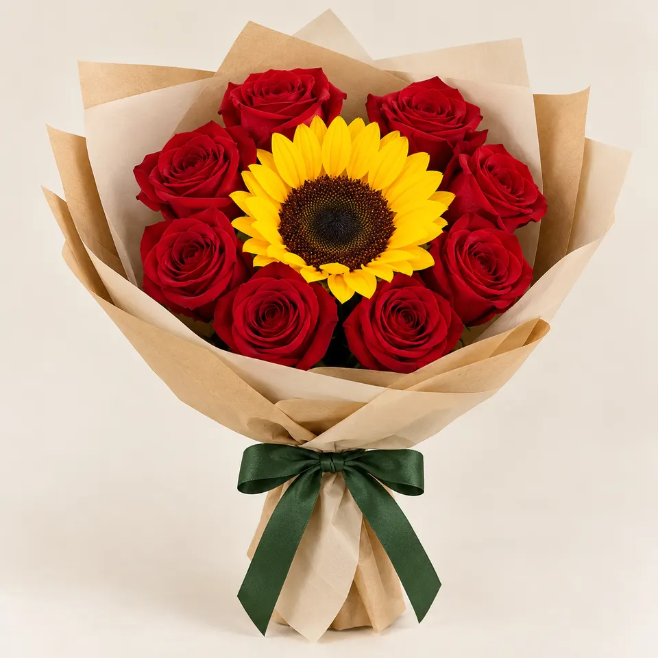 Buquê delicado de Girassol com Rosas Vermelhas