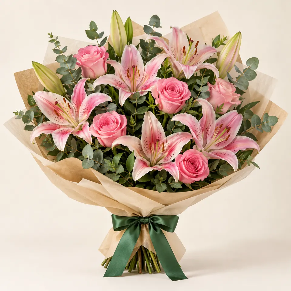 Buquê com Lírios e Rosas rosadas