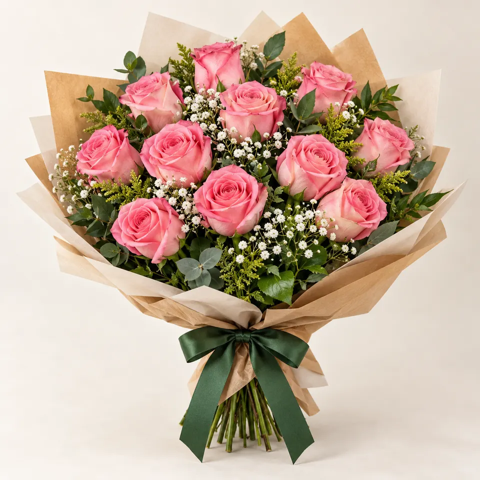 Buquê tradicional com 12 rosas rosadas
