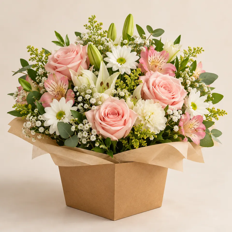 Arranjo de flores em tons suaves