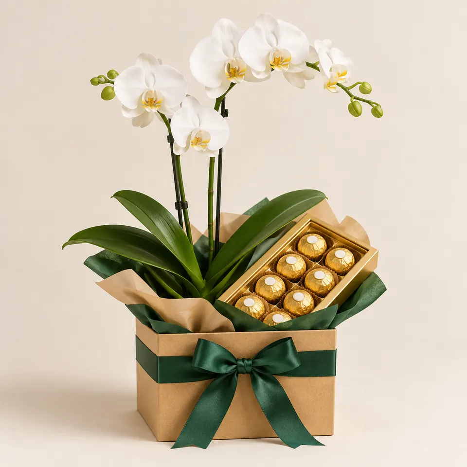 Orquídea Branca no box com Ferrero Rocher