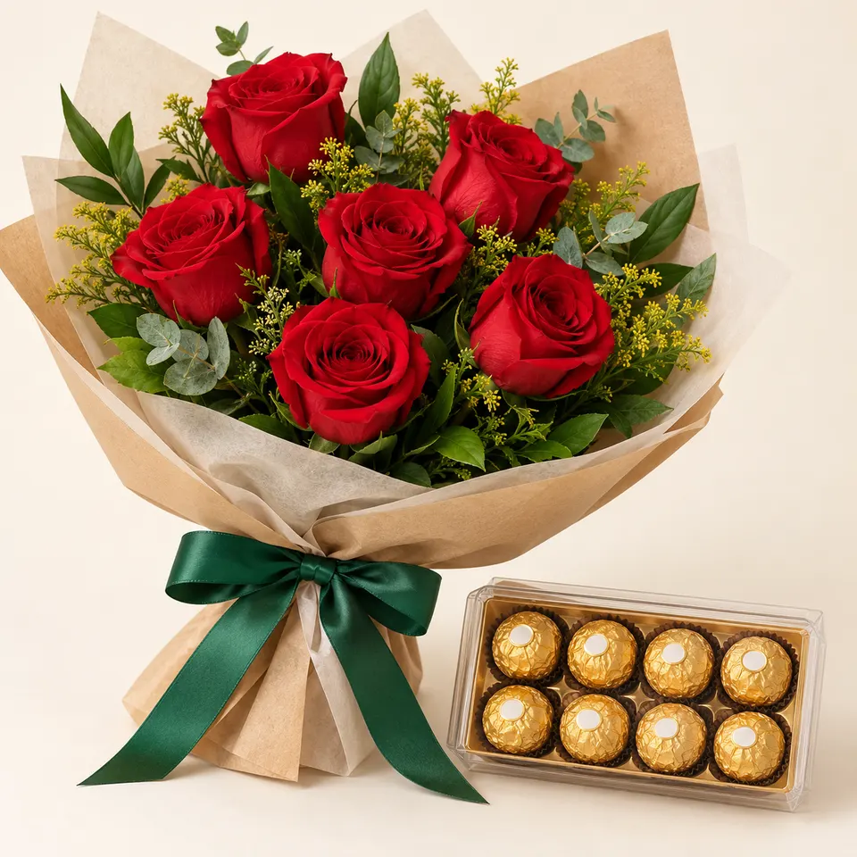 Combo Buquê 6 Rosas Vermelhas e Ferrero Rocher