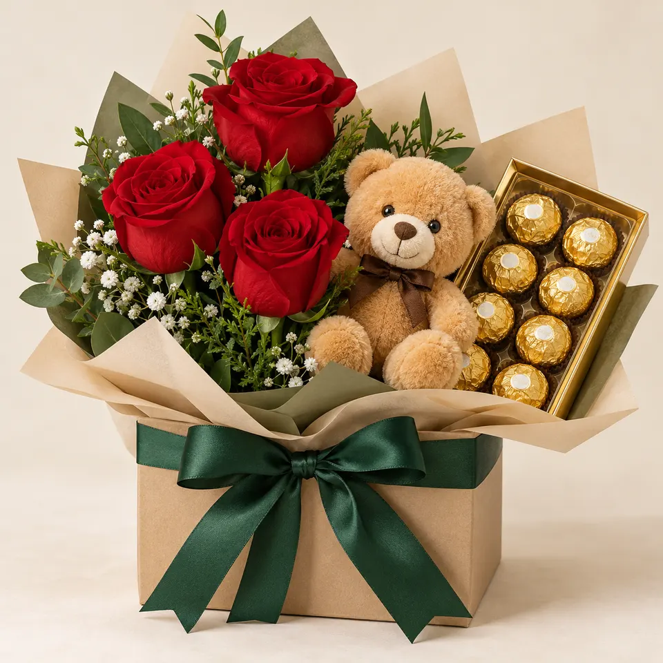 Kit Rosas Vermelhas com Urso de Pelúcia e Chocolate Ferrero Rocher