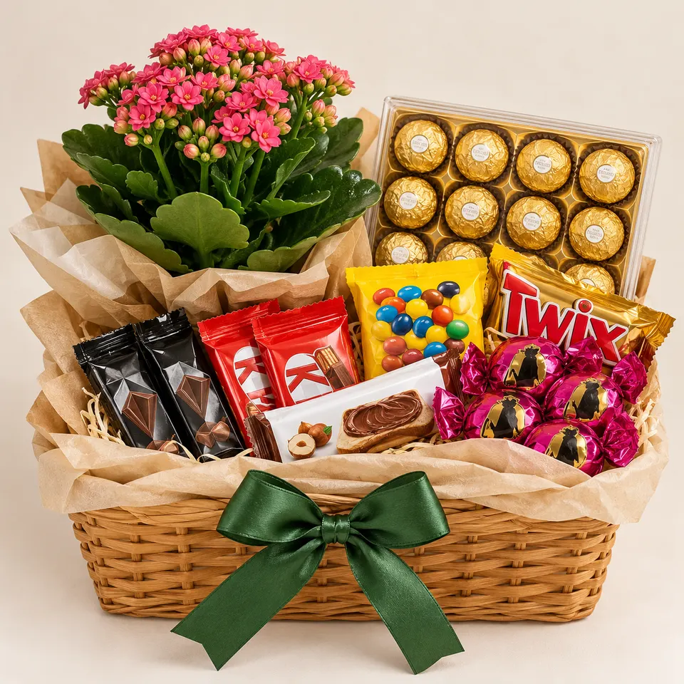 Cesta de Café com Chocolate e Flores Luxo