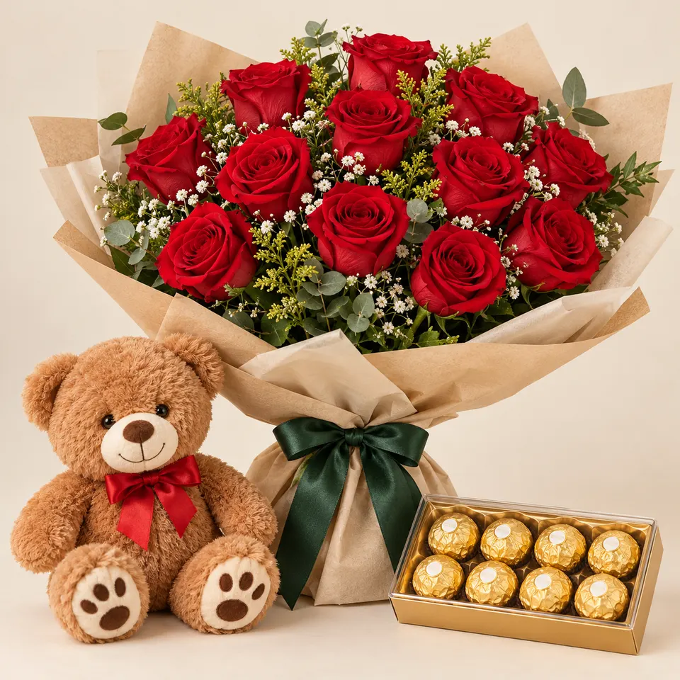 Buquê com 12 Rosas vermelhas, Pelúcia e Chocolate