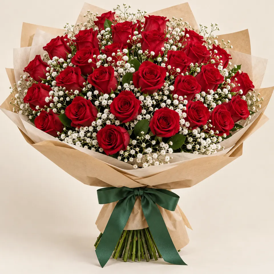 Buquê com 30 Rosas Vermelhas e Gipsofilas