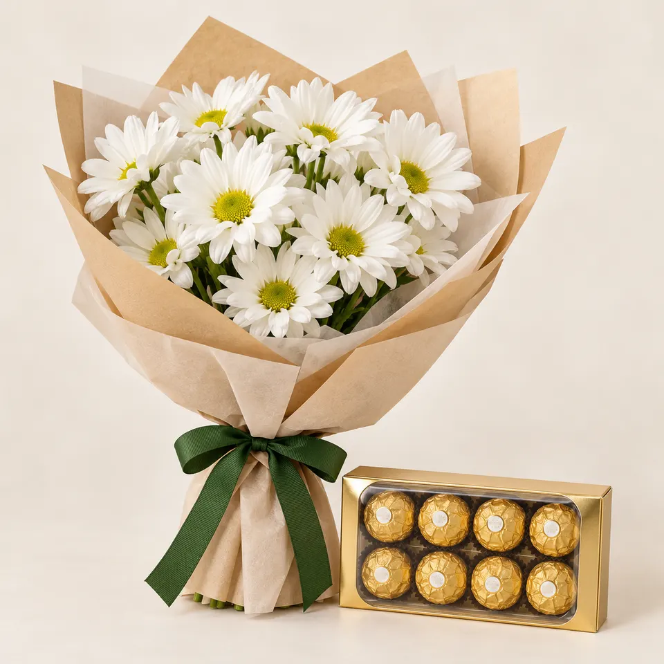 Buquê pequeno de margaridas com Ferrero