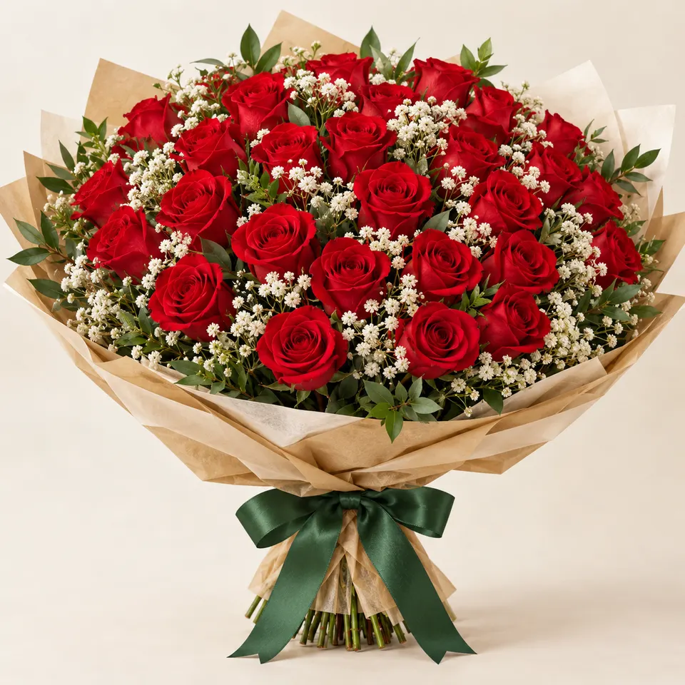 Buquê tradicional com 36 Rosas vermelhas e gipsófilas
