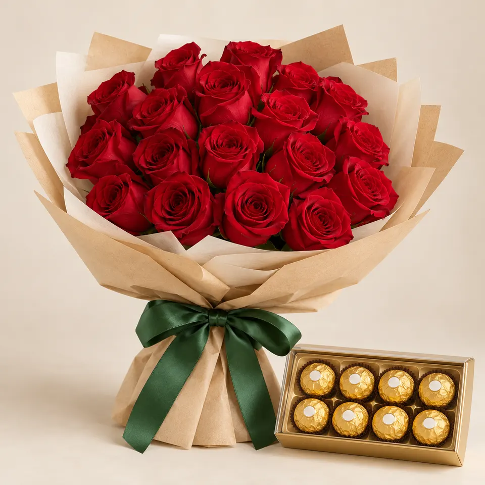 Delicado com 18 Rosas vermelhas e Ferrero