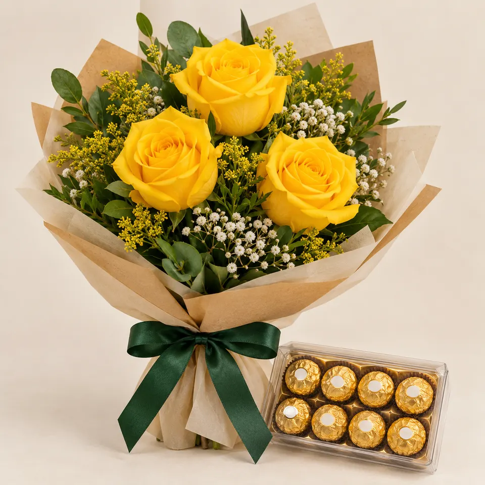 Trio de Rosas Amarelas com Ferrero