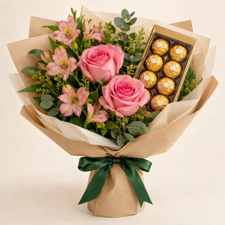 Soneto de Rosas e Alstroemélias com Ferrero Rocher