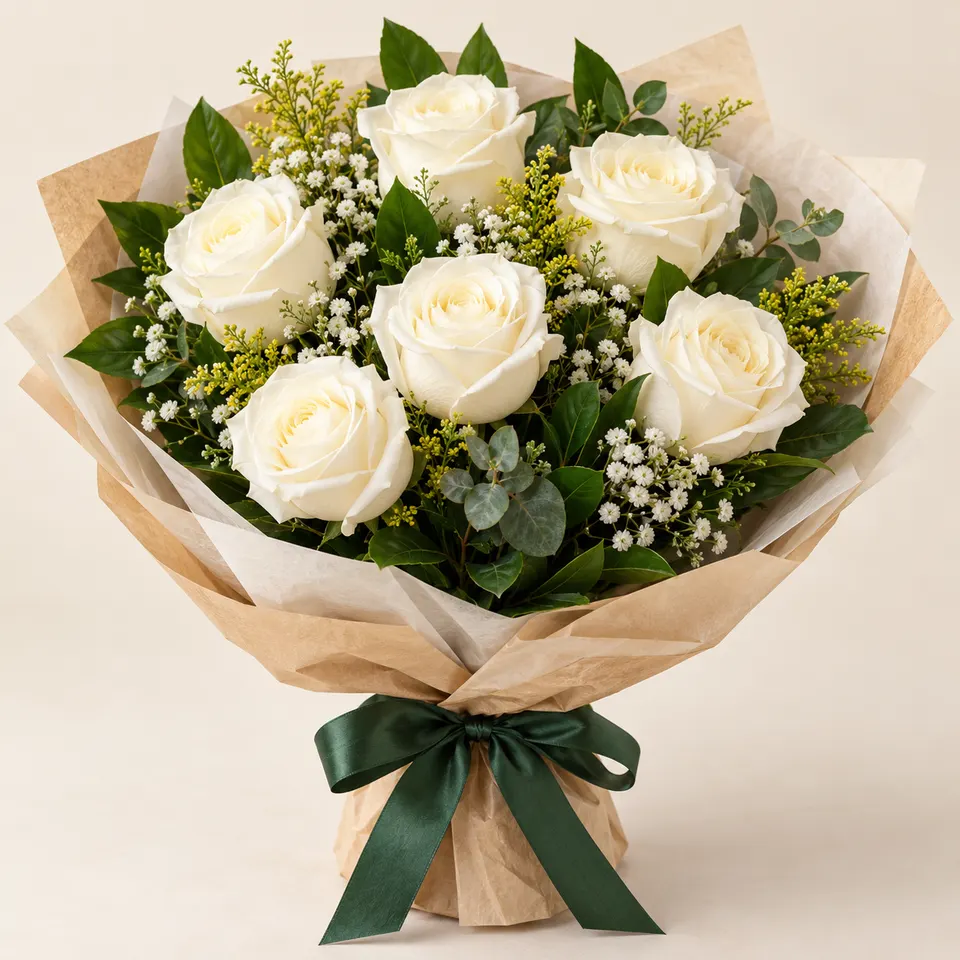 Buquê com 6 Rosas Brancas