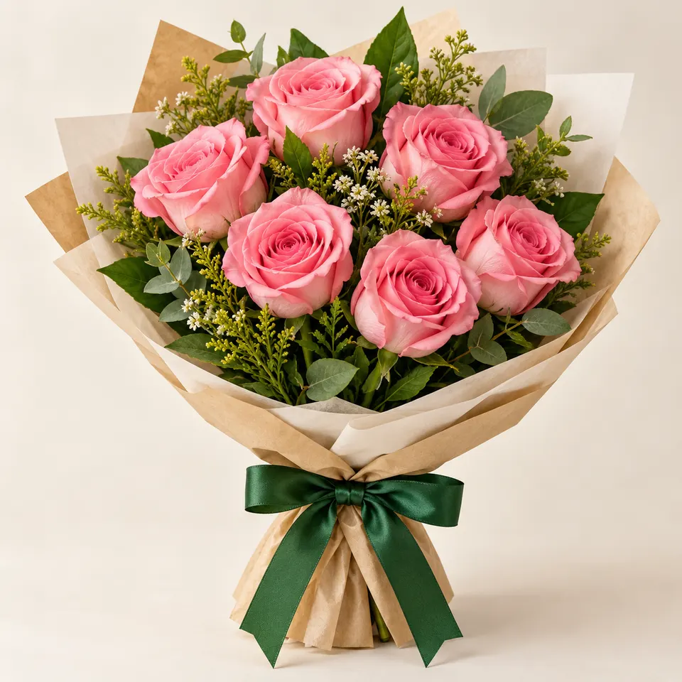 Buquê com 6 Rosas Rosadas