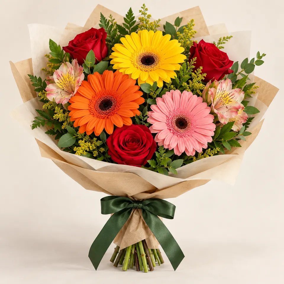 Buquê com Gérberas, Rosas e Alstroemélias