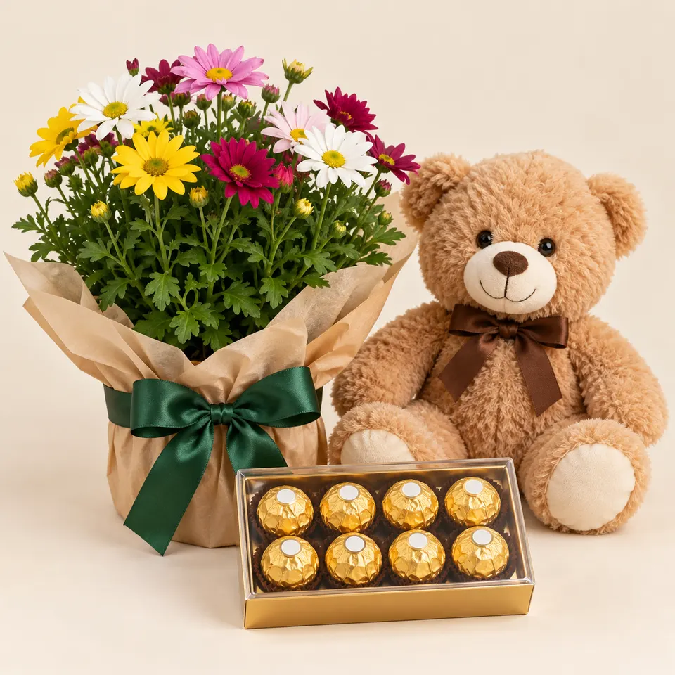Margaridinha em cor variada com urso e Chocolate