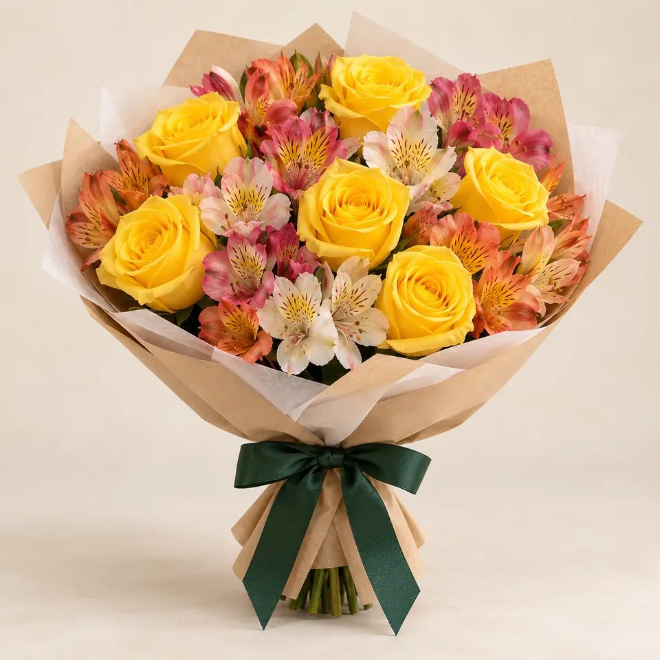Buquê delicado com rosas e Alstroemélias coloridas