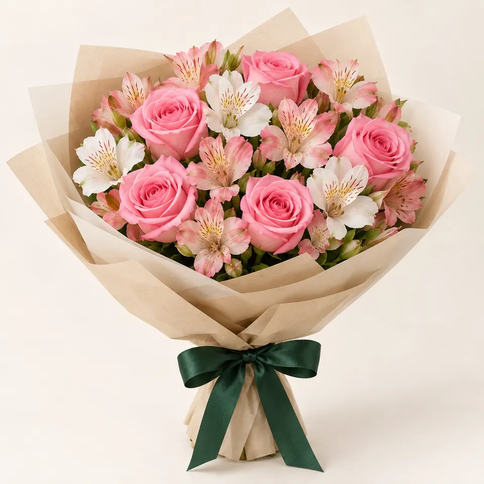 Buquê delicado de Rosas com Alstroemélias