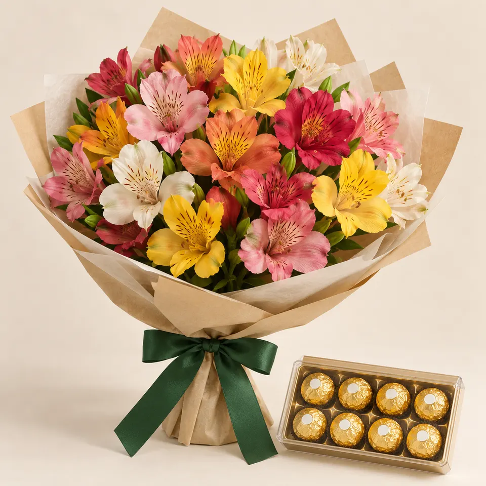 Buquê delicado de Alstroemélias Coloridas com Ferrero