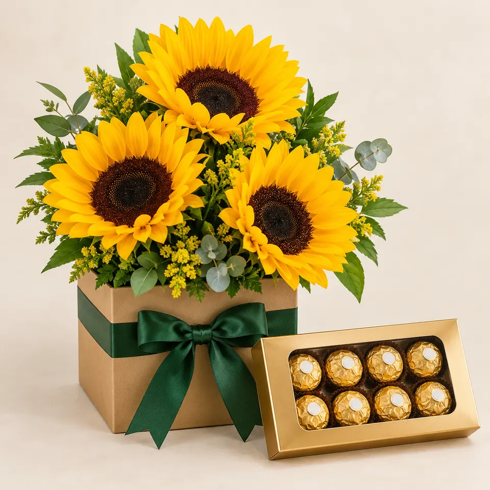 Arranjo de Girassóis com Chocolates Ferrero Rocher