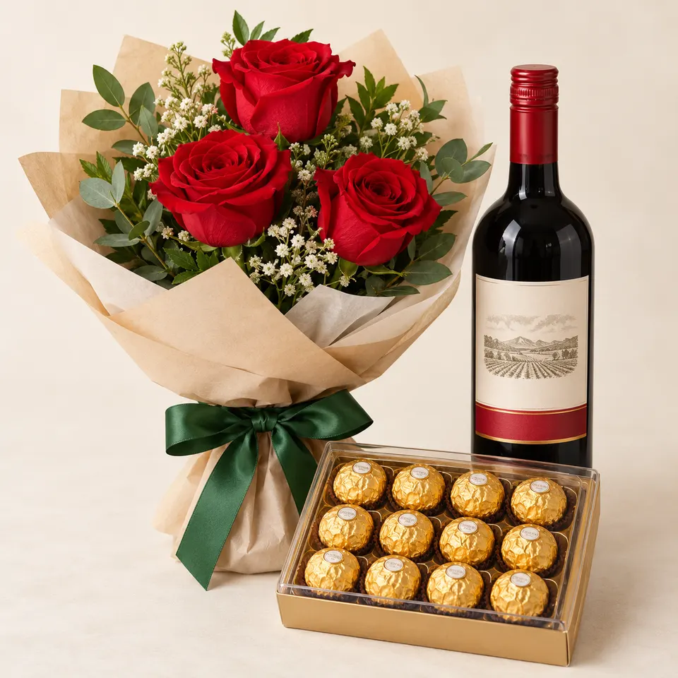 Combo com Arranjo de Rosas, Vinho e Chocolate
