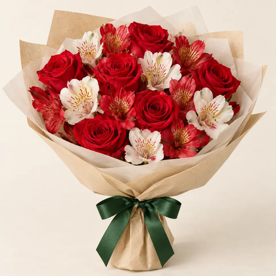 Buquê Romântico de Rosas e Alstroemélias