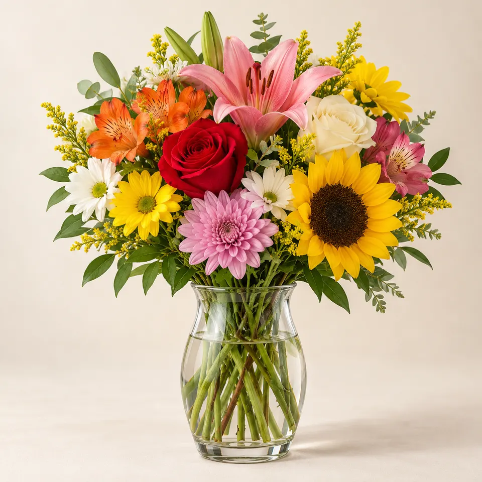 Arranjo de flores mistas em Vaso de vidro