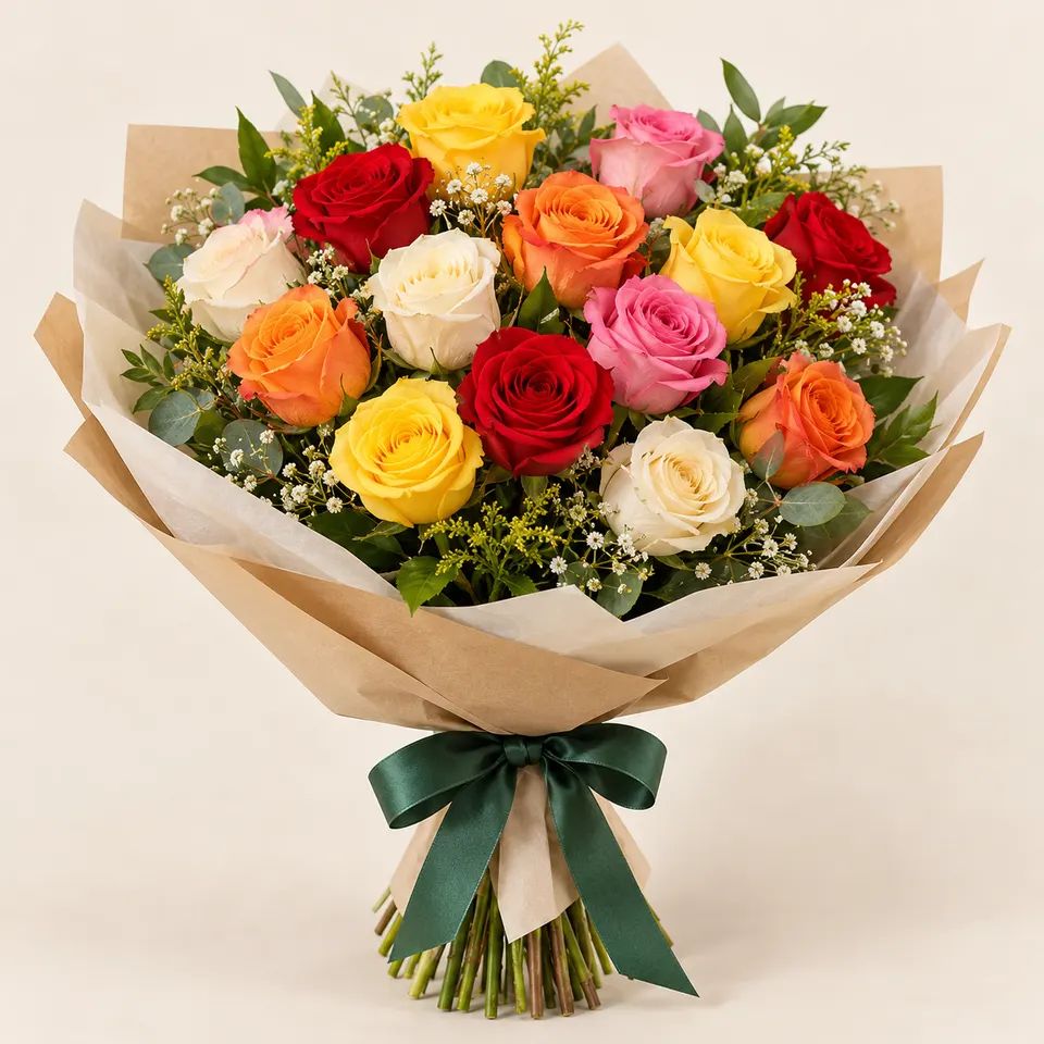 Buquê tradicional com 15 rosas coloridas